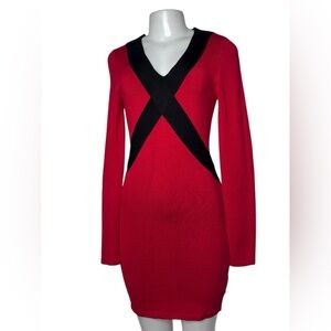 Bebe Red & Black Bandage Bodycon Dress XS | Long Sleeve Knit Mini Dress